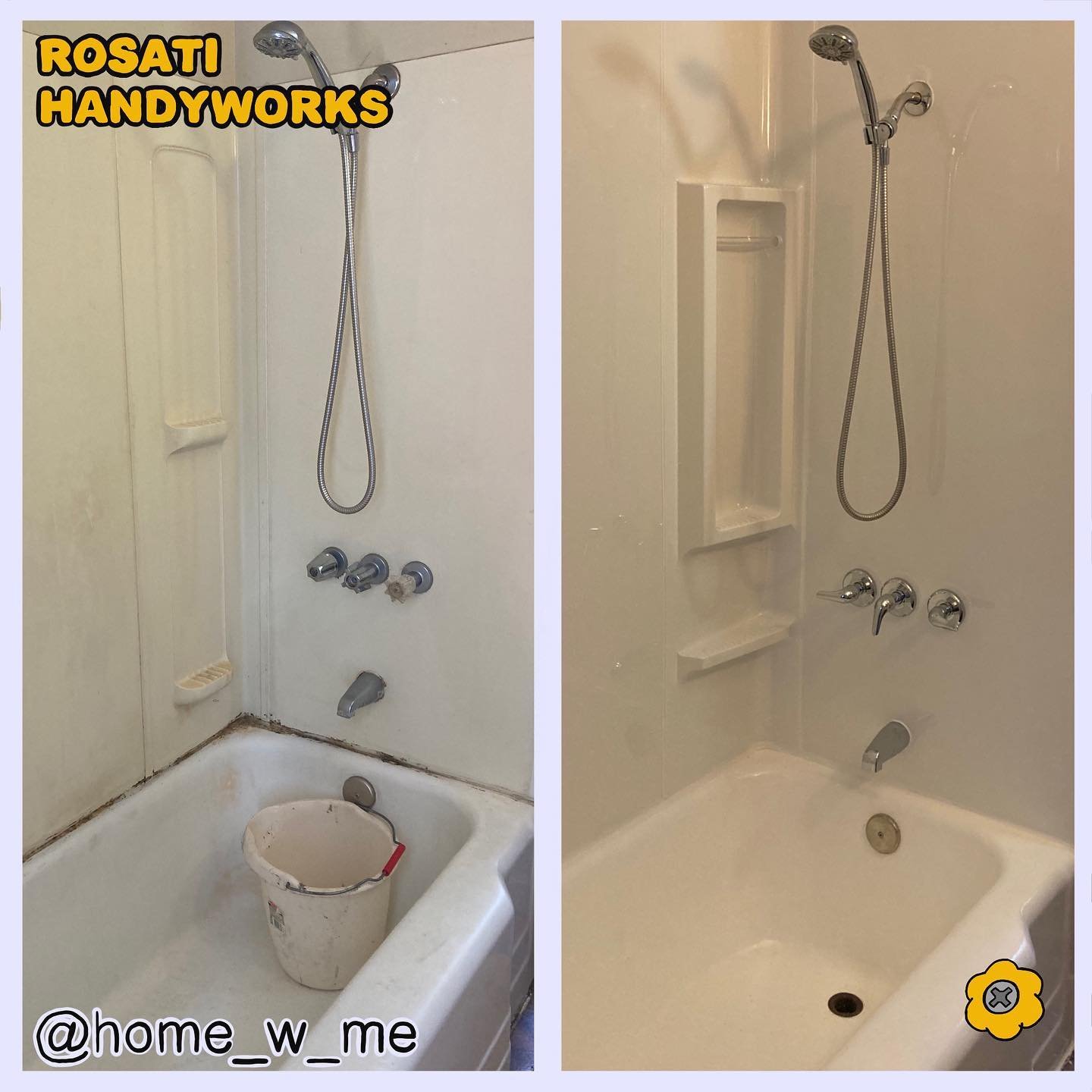 new glue-up tub surround, replaced moldy sections of wall, some new handles, and newly refinished tub 🛁🧼
