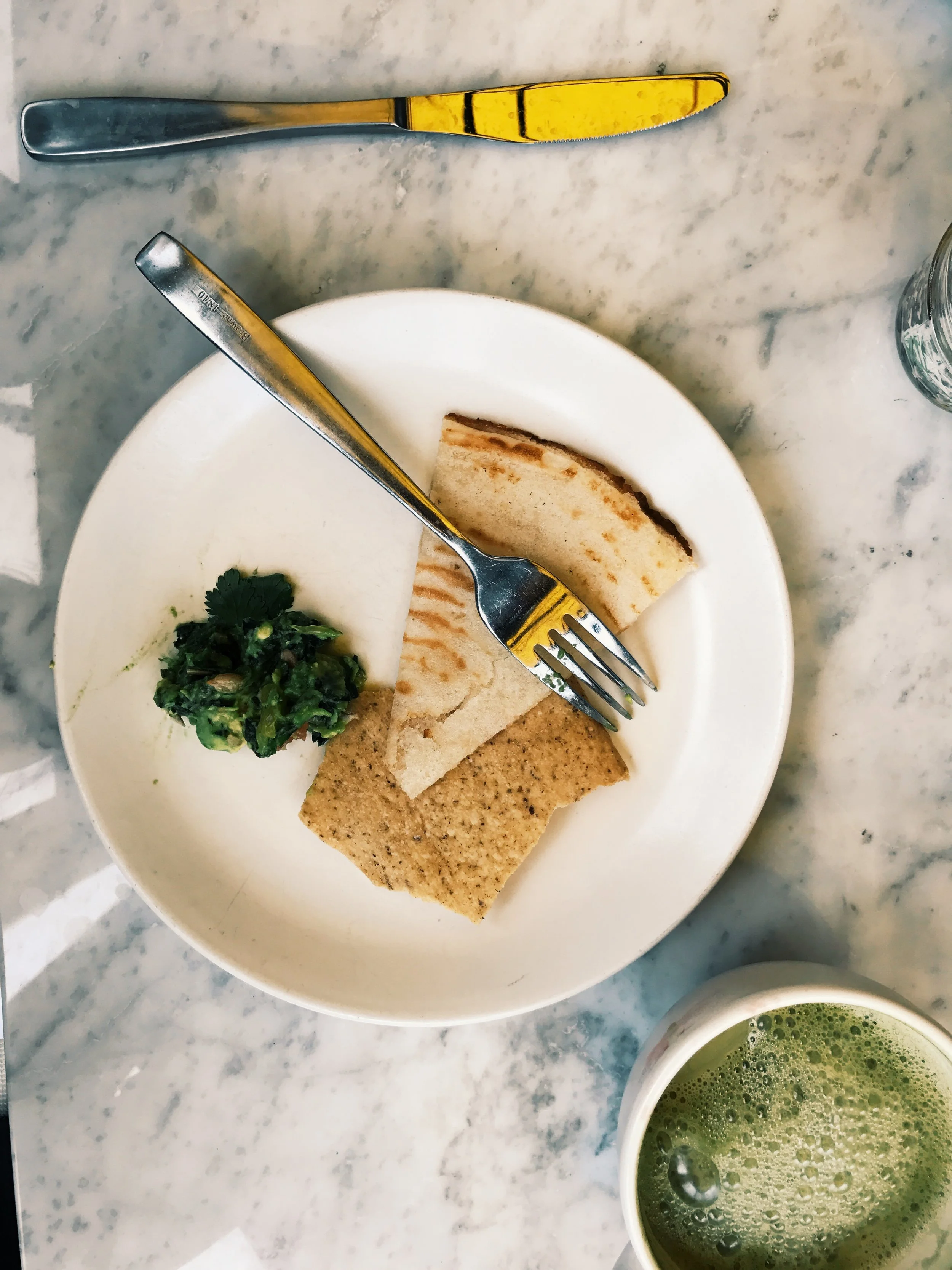 Herb Hummus greek salad, feta, grilled pita bread & Hot Matcha Horchata - almond milk, vanilla, clove
