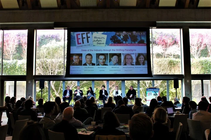 State of the industry through the shifting paradigms featured panelists (left to right): Tony Beaudoin (MUFG Union Bank), Ron Hohauser (legendary), Ambereen Toubassy (Quibi), Michael Lee (Perfect World Pictures), Stacey Rosenberg (Hogan Lovells) and moderator David Uslan (Strawberry Pictures & U2k Entertainment). Photo credit: @demigoddesschronicle