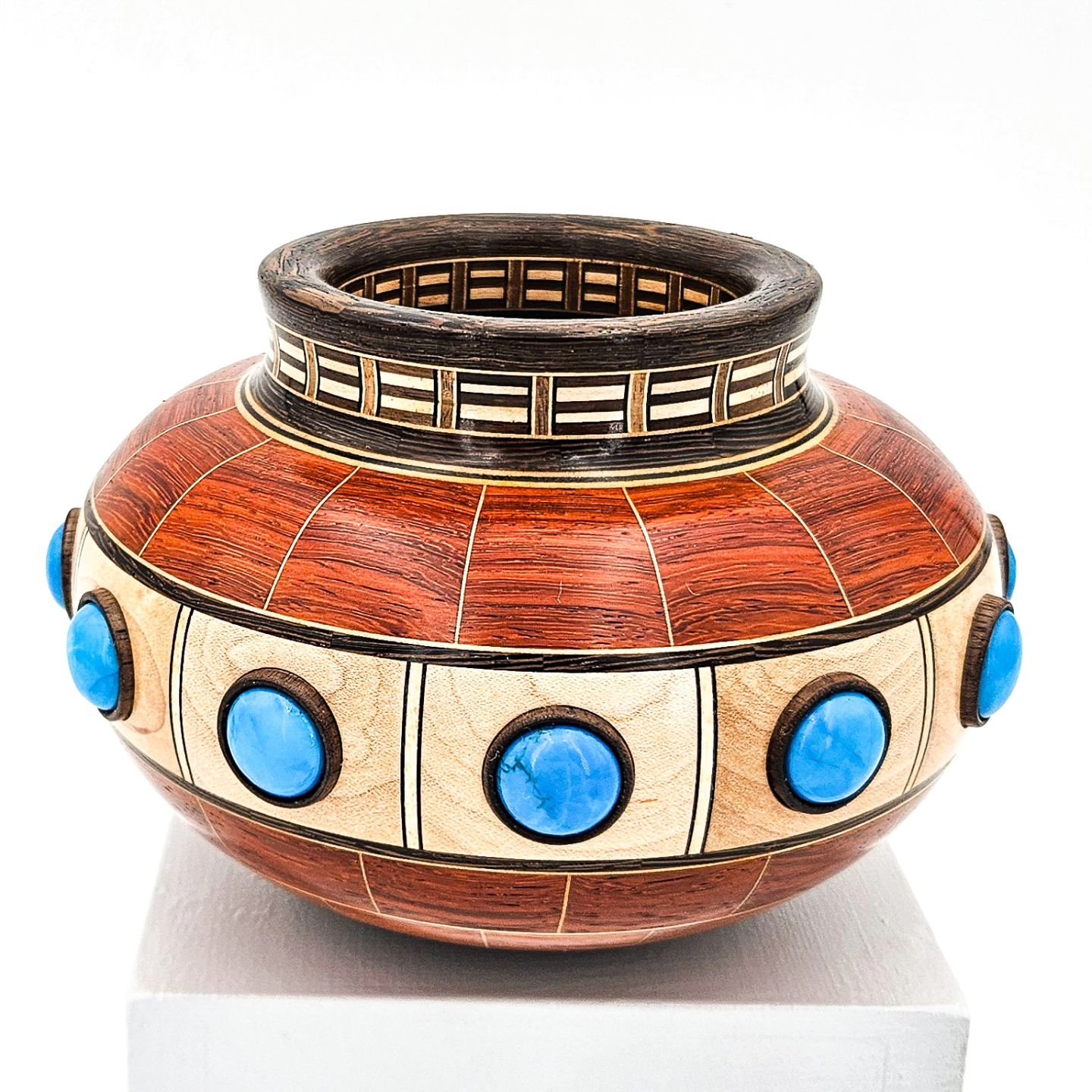 The Lil Vessel Series, cont. A small vessel, made from Bloodwood, Ash, Wenge, Black Walnut &amp; Turquoise. Approximately 5.75&quot; x 4.25&quot;. More: See links in bio.
:
:
:
#woodart, #finewoodart, #sculpture, #woodsculpture, #woodturning, #woodtu