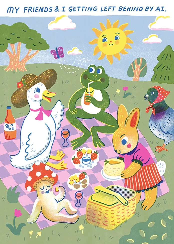 Sarah_Walh_antiai_critters_duck_frog_picnic_pidgeon.jpg