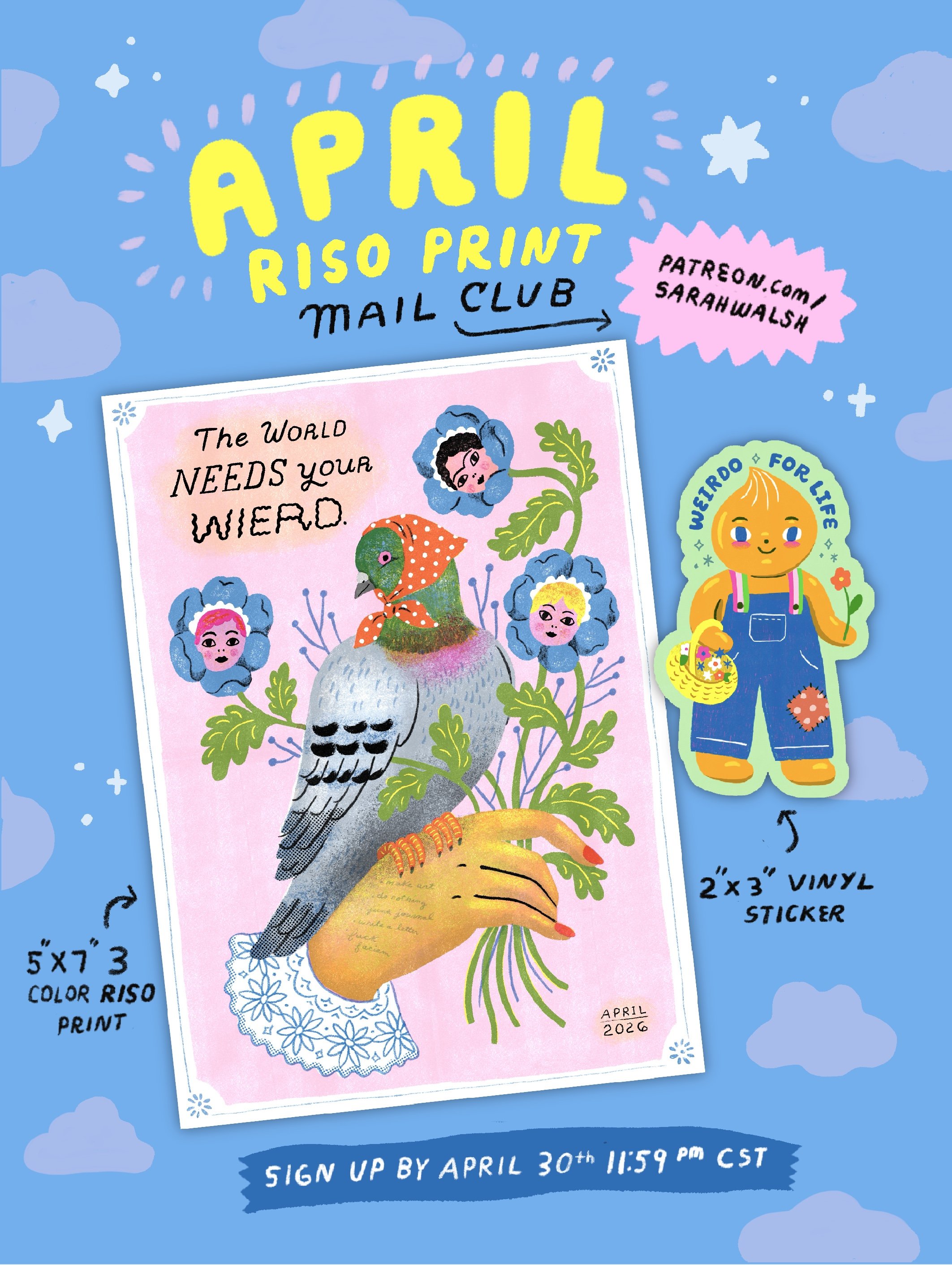 Sarah_Walsh_WorldNeedsYourWeird_pidgeon_pansy+people_patreon_mail_club.JPG
