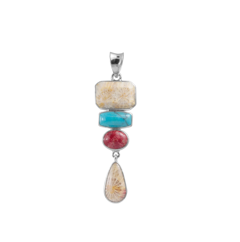 .925 Fossil Coral, Turquoise & Sponge Coral Pendant