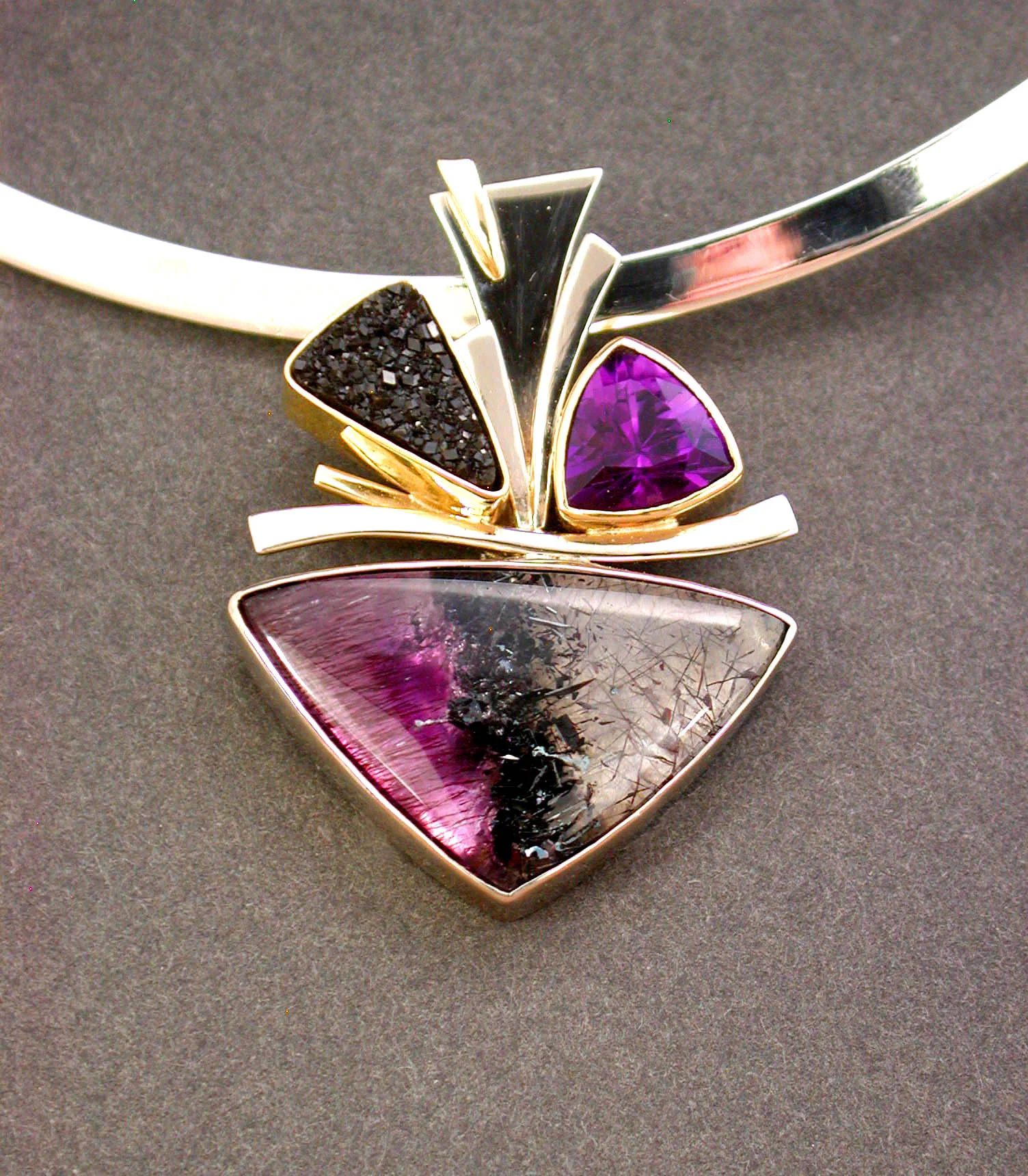 14k Goethite, Amethyst and Black Drusy Pendant