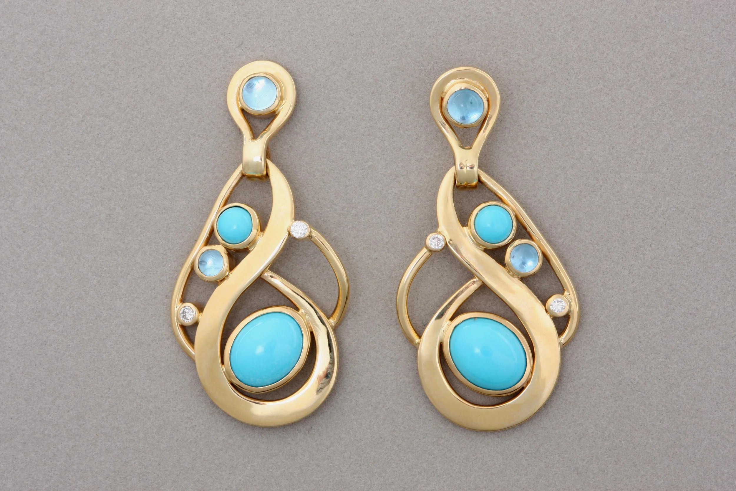 14k Turquoise, Blue Topaz and Diamond Earrings