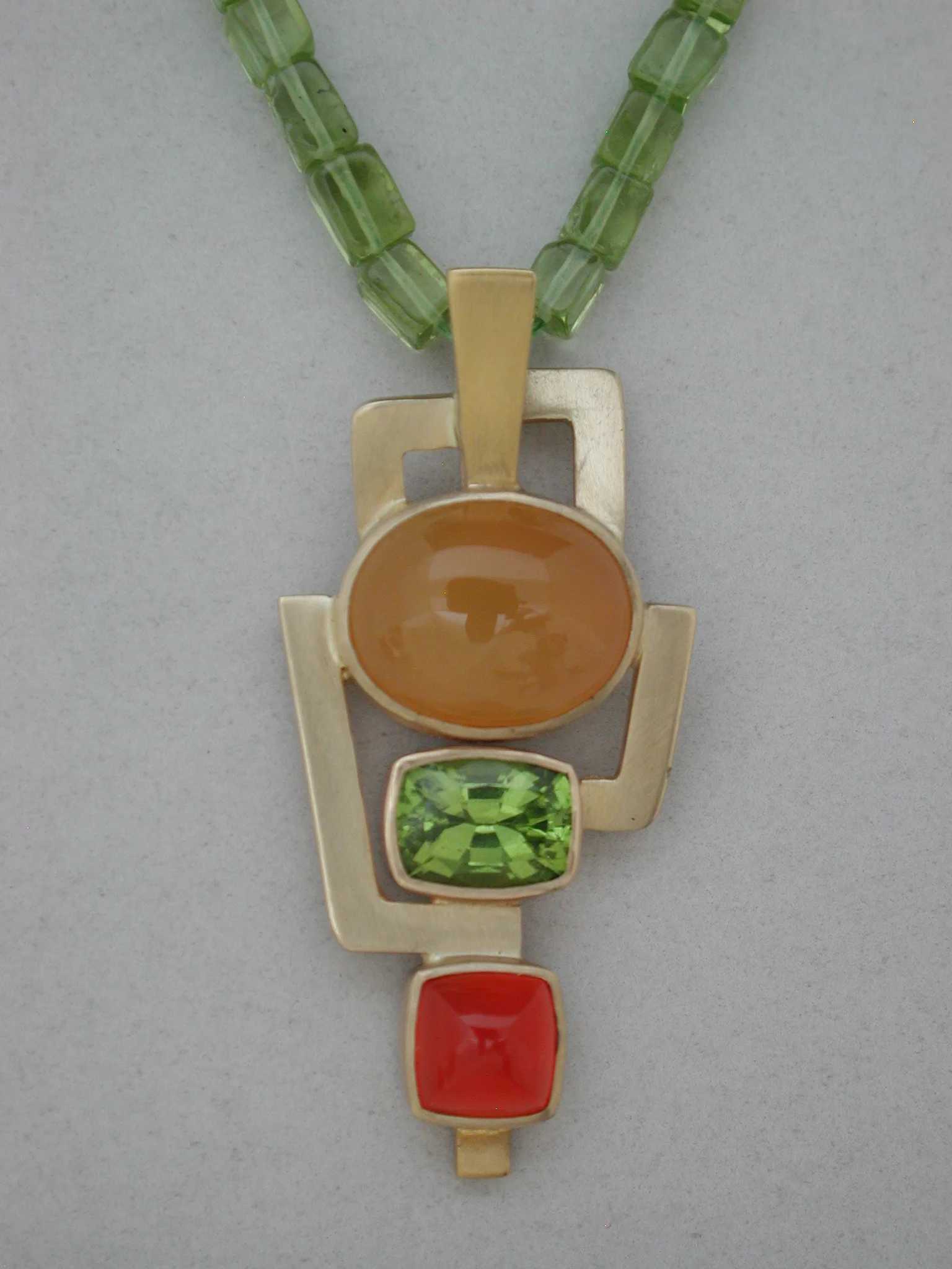 14k Yellow Opal, Peridot and Carnelian Pendant