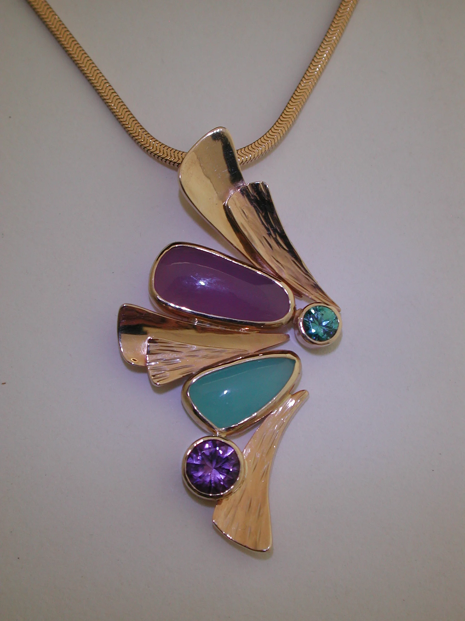 14k Holly Blue Chalcedony, Andean Opal, Amethyst and Zircon Pendant