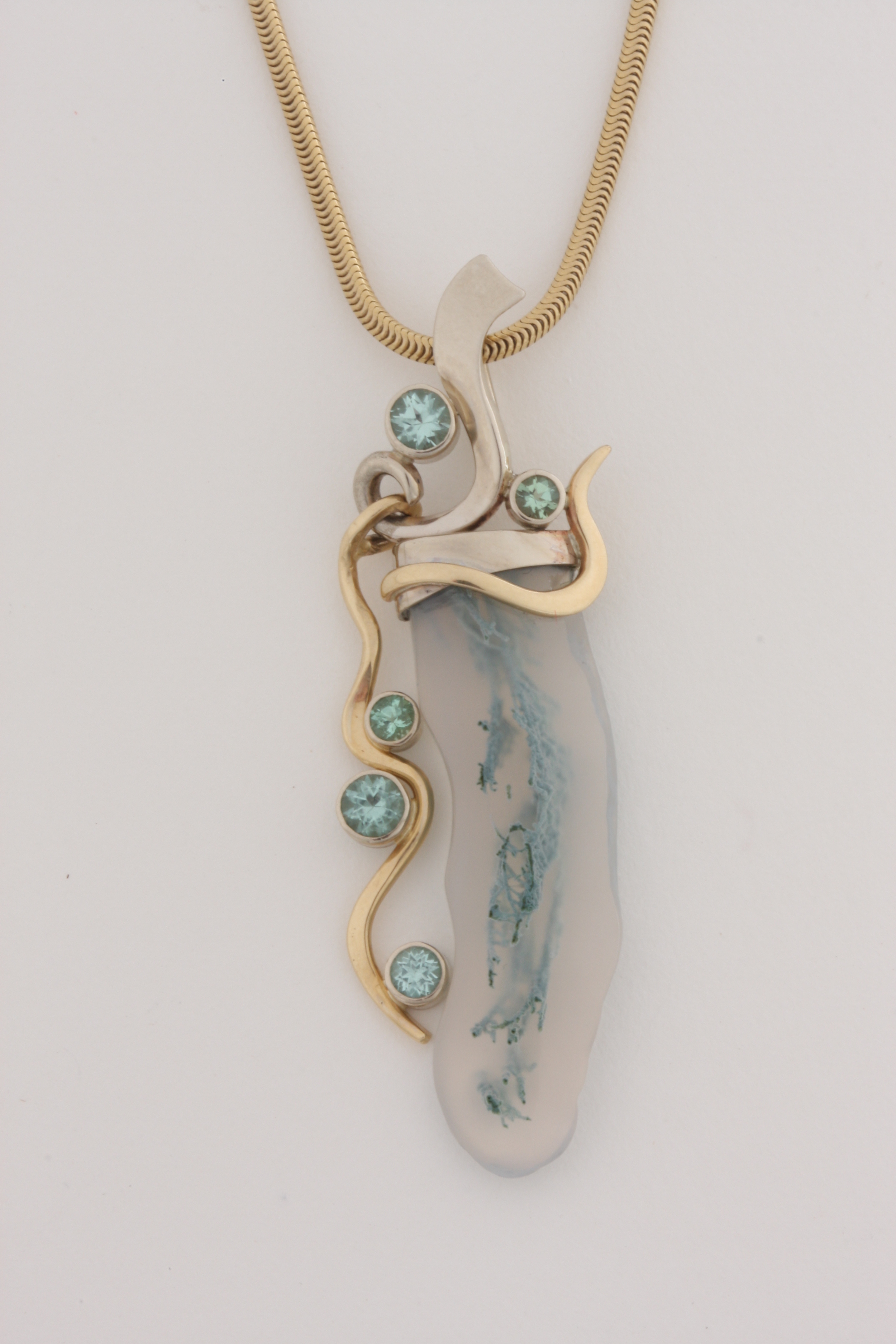 14k Moss agate and Tourmaline Pendant