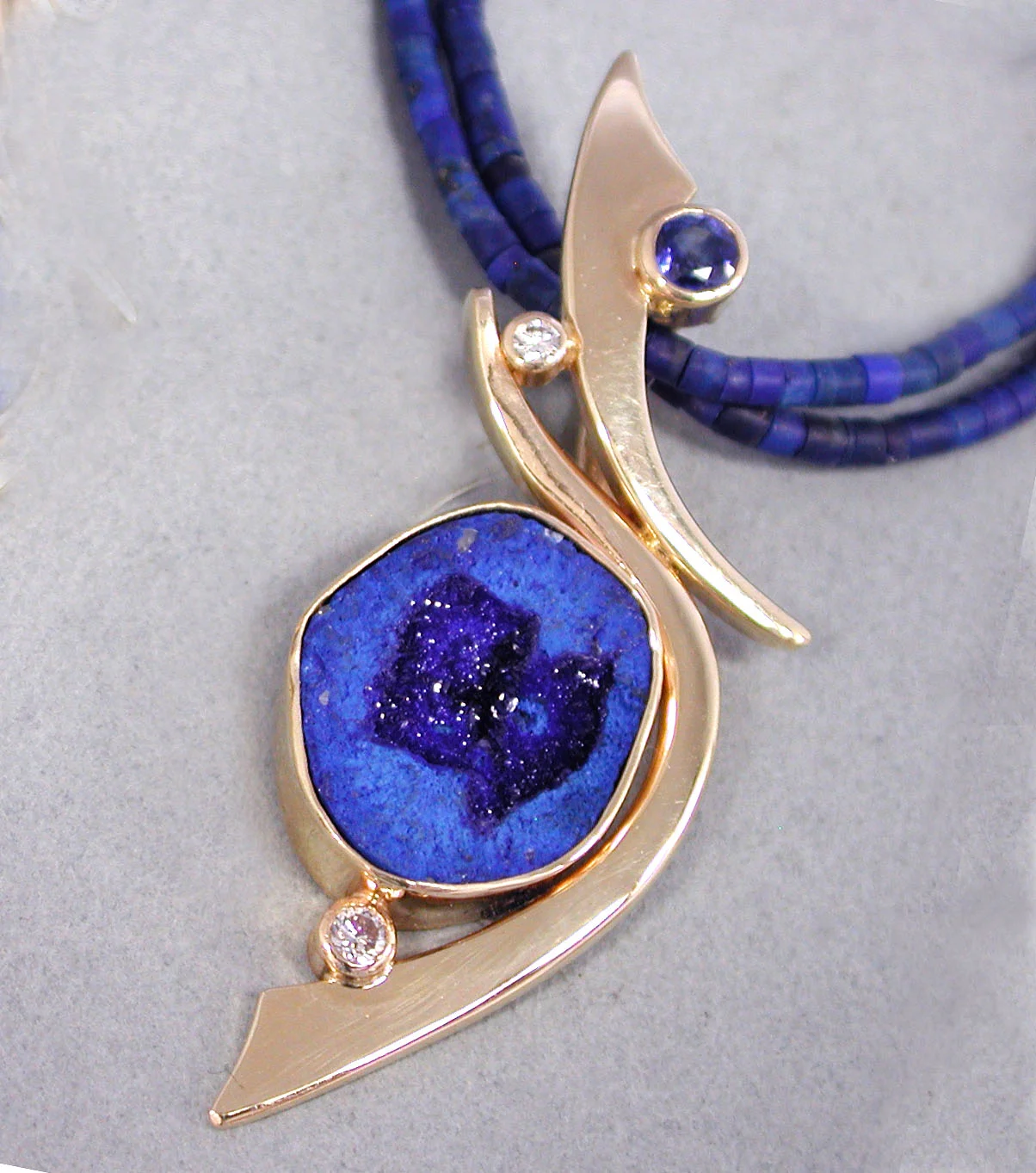 14k Blueberry Azurite, Sapphire and Diamond Pendant