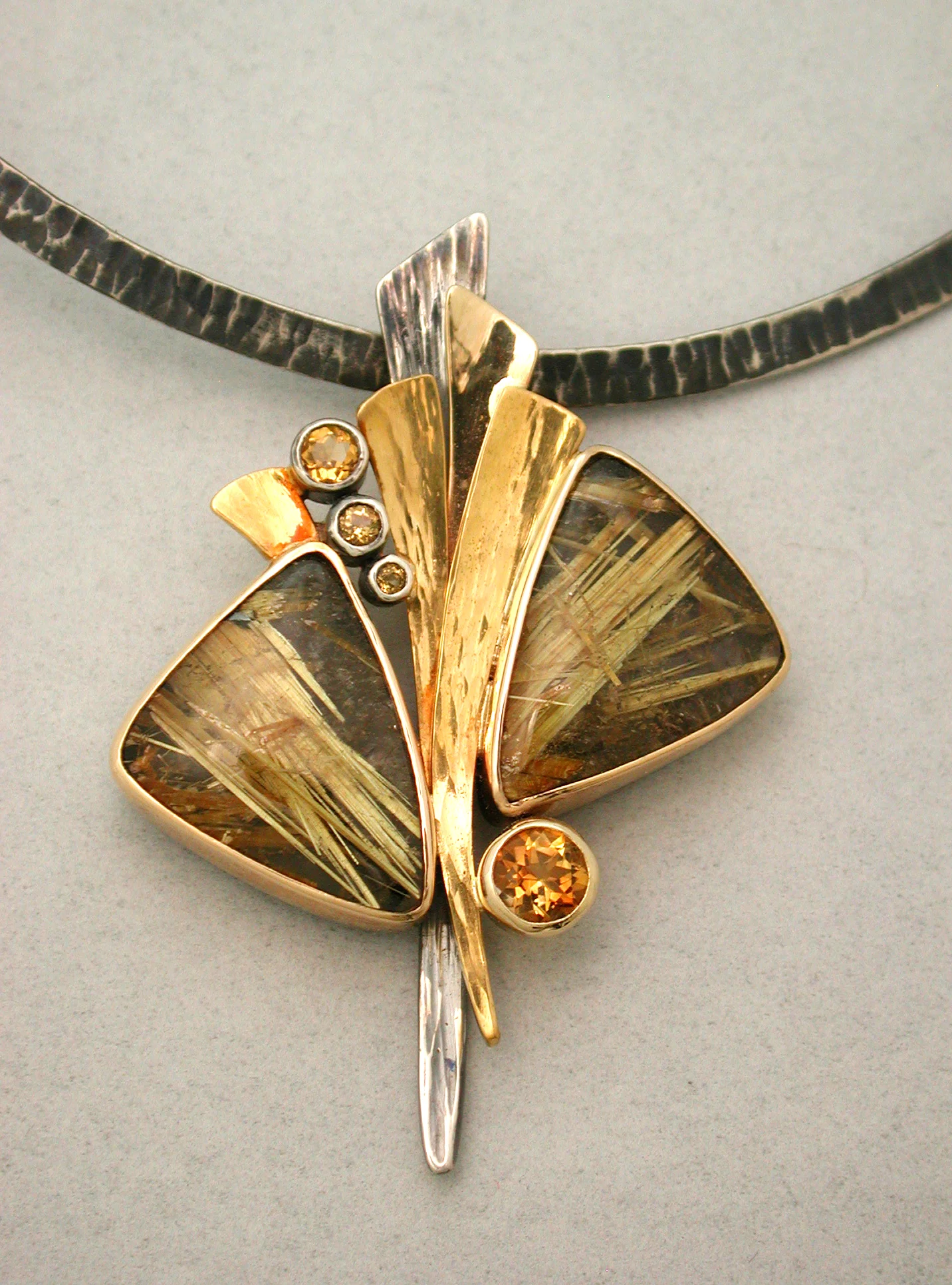 14k Rutilated Quartz, Hematite, and Citrine Pendant