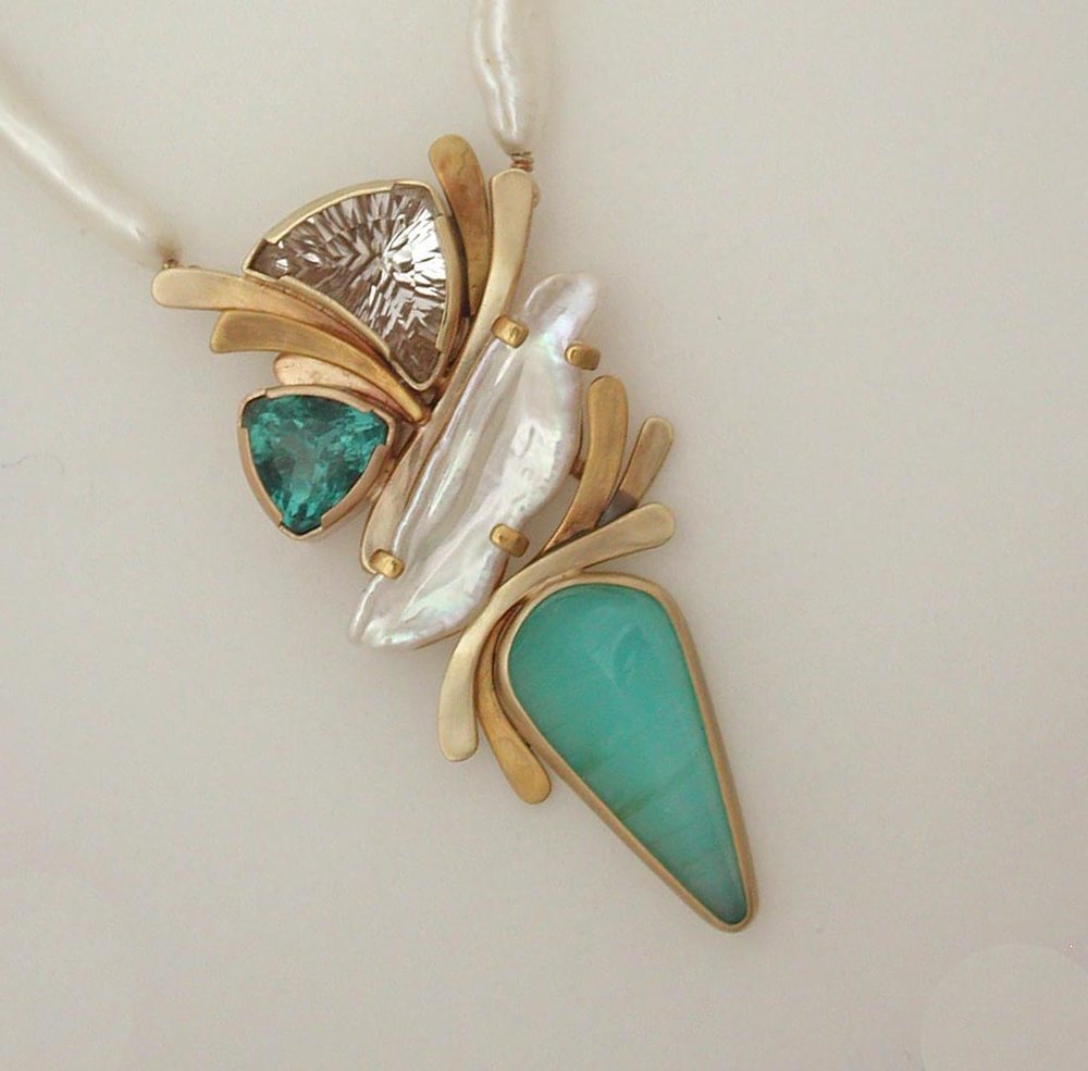 14k Andean Opal, Apatite, White Topaz and Pearl Pendant