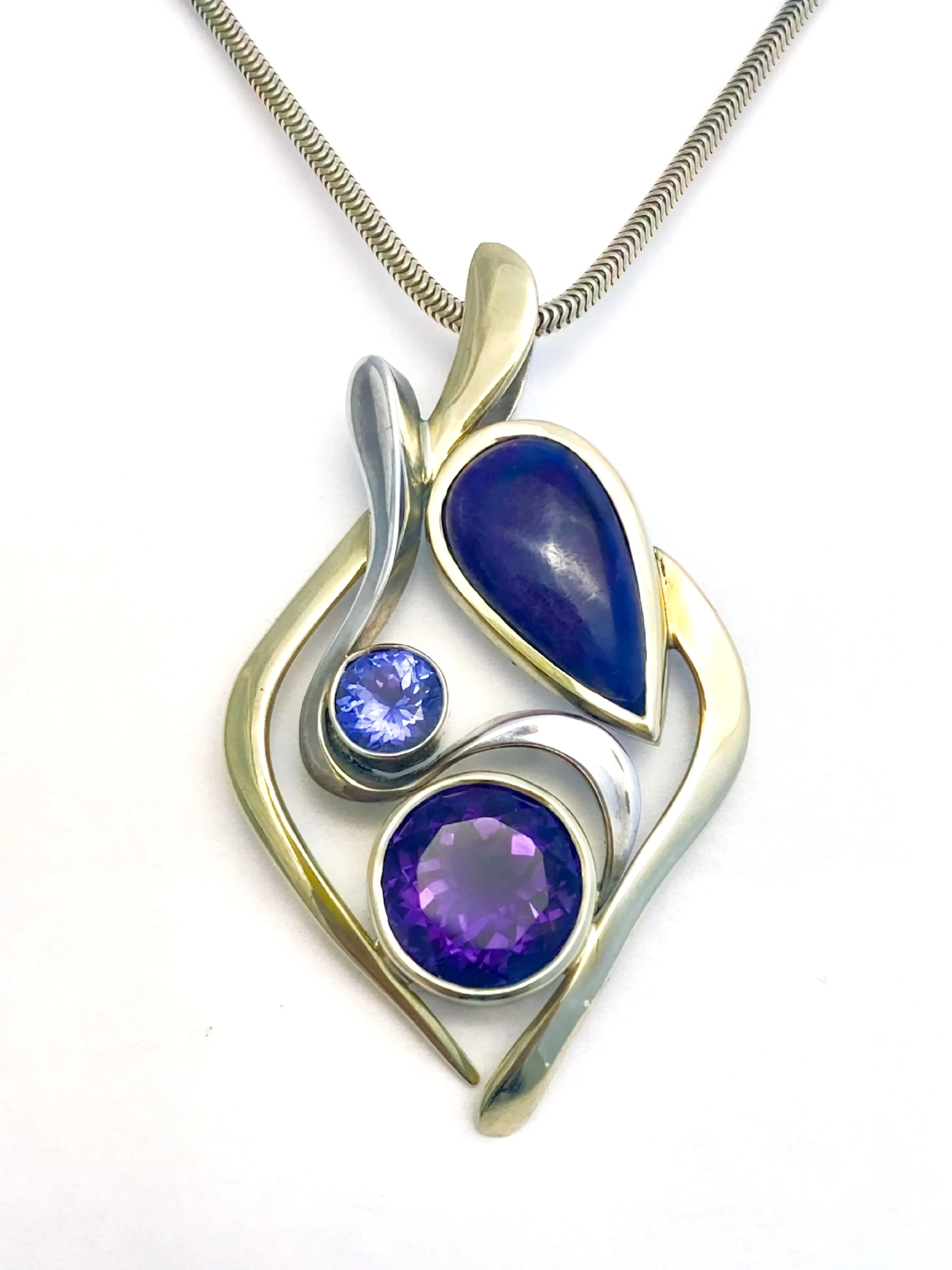 18k &amp; .925 Sugilite, Amethyst and Tanzanite Pendant