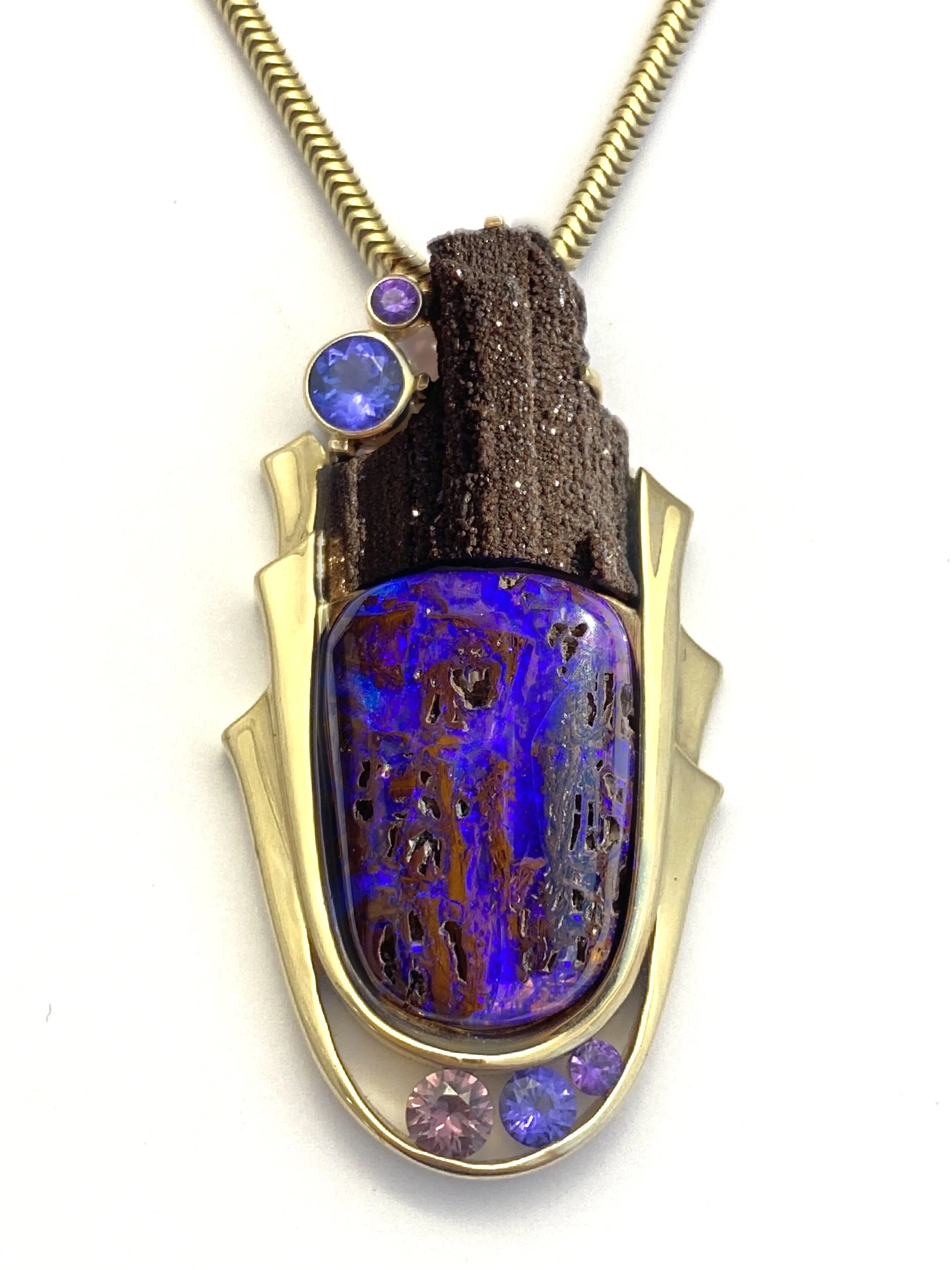 14k Petrified Wood Drusy, Opalized Wood, Sapphire and Tanzanite Pendant