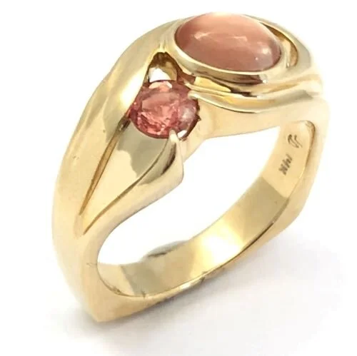 14k Oregon Sunstone (with Schiller) Cabochon and Oregon Sunstone Faceted Ring