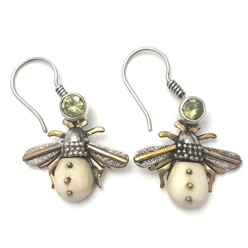 Fossil Ivory Bee Earrings with Peridot