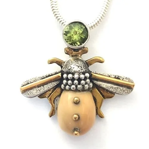 Fossil Ivory Bee and Peridot Pendant