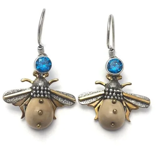 Fossil Ivory Blue Topaz Bee Earrings