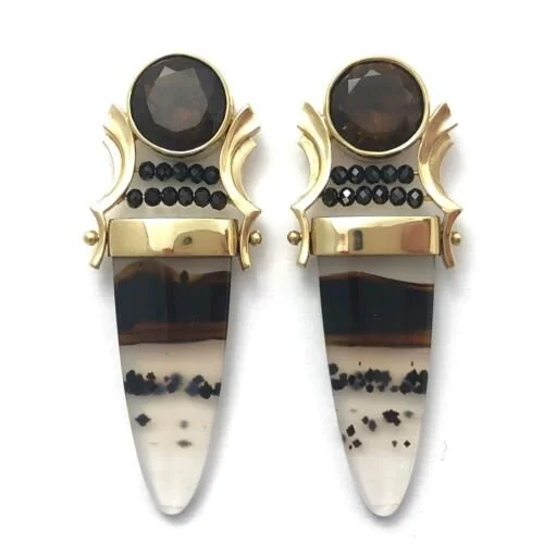 14k Montana Agate, Cognac Quartz and Spinel Earrings