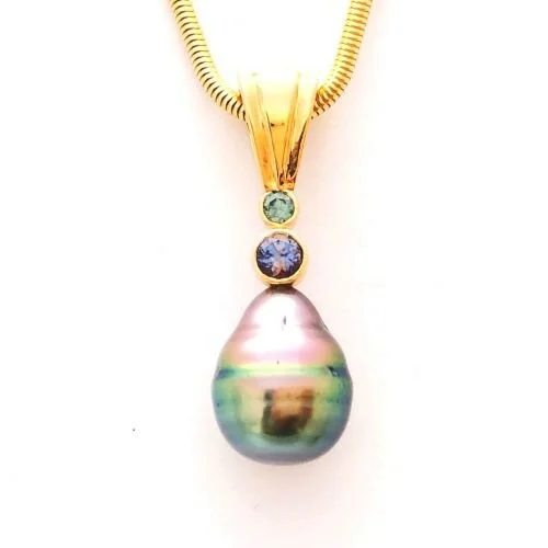 14k Tahitian Pearl and Sapphires Pendant