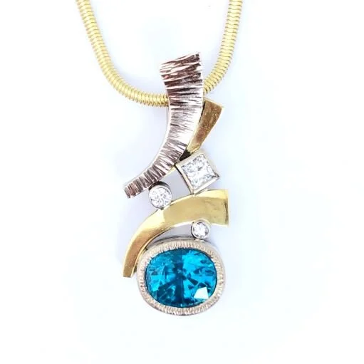 14k &amp; 18k Blue Natural Zircon and Diamond Pendant