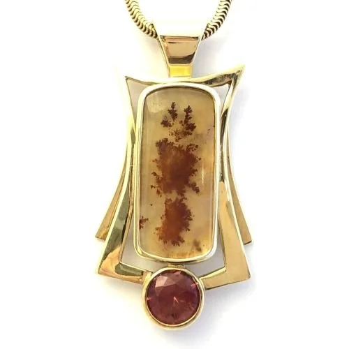 14k Carey Plume Agate and Oregon Sunstone Pendant