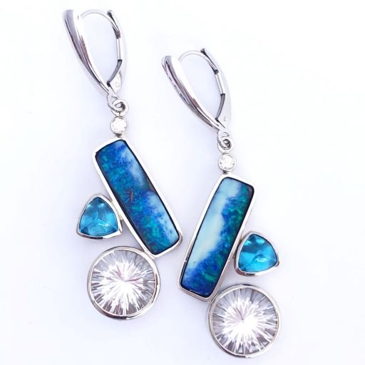14k Australian Boulder Opal, White Topaz and Blue Topaz
