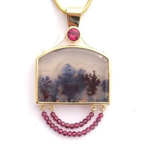 14kt Moss Agate & Rhodolite Garnet Necklace