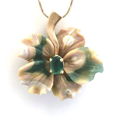 14k Carved Rainforest Jasper & Tourmaline Pendant