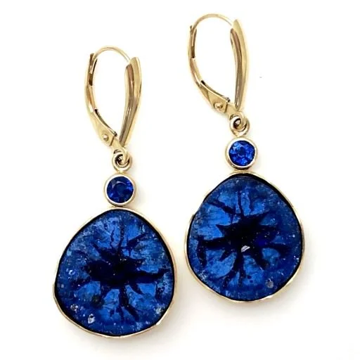14k Blueberry Azurite and Kyanite Leverback Earrings