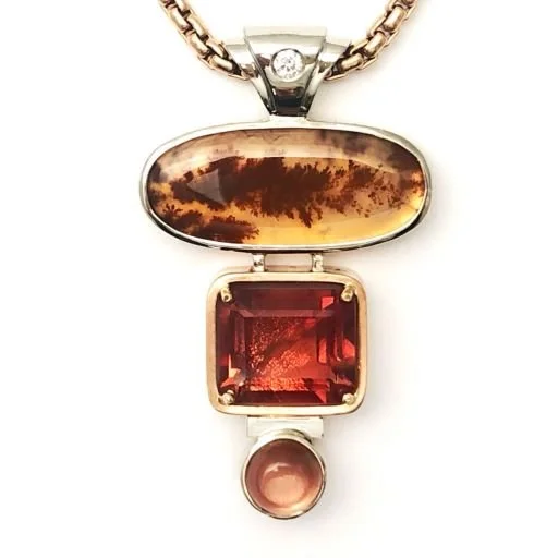 14k Oregon Sunstone, Carey Plume Agate and Diamond Pendant