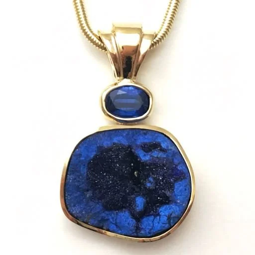 14k Blueberry Azurite and Kyanite Pendant