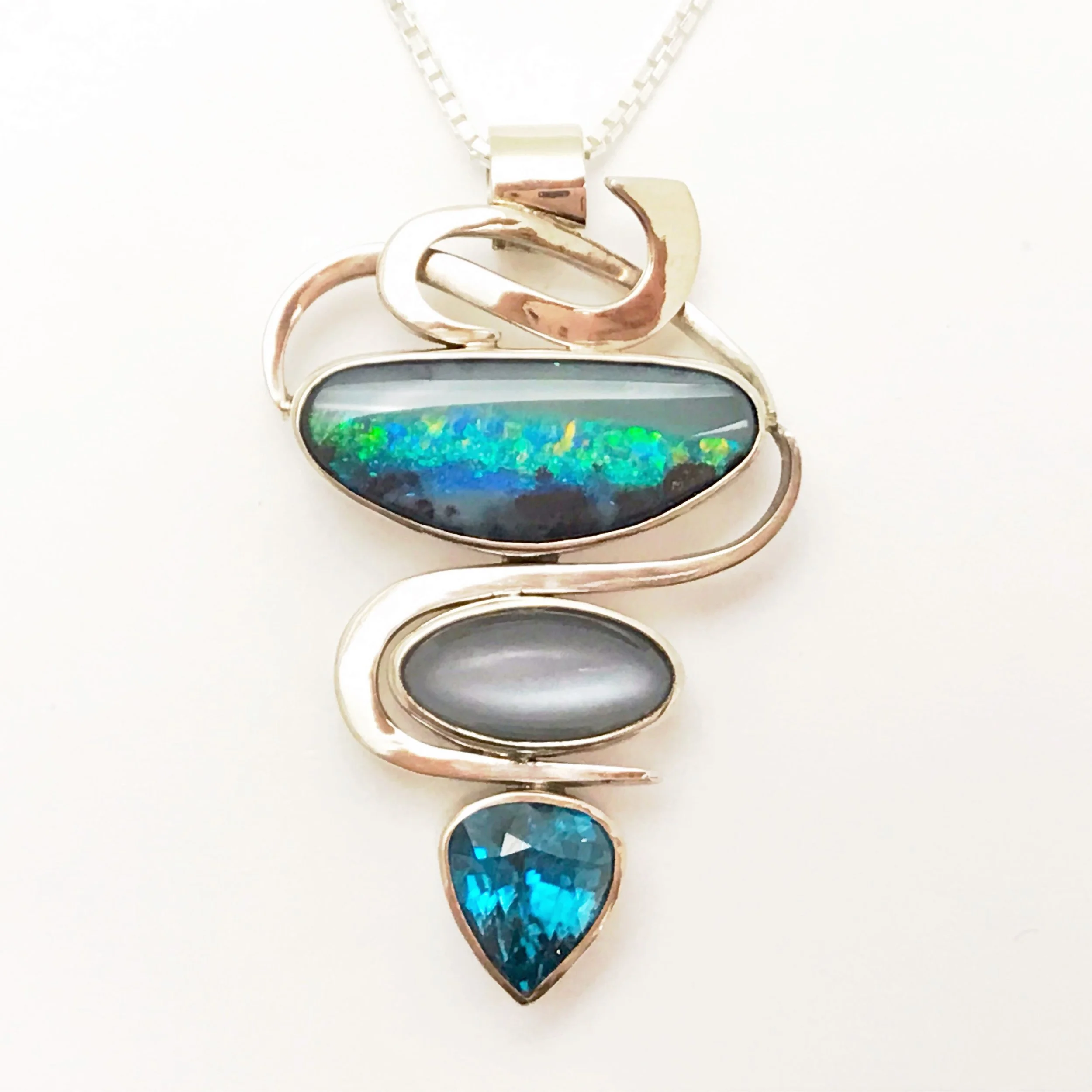 14k Australian Boulder Opal, Moonstone and Blue Zircon Pendant