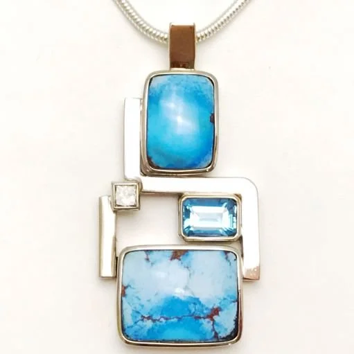 14k Kazakhstan Turquoise, Aquamarine and Diamond Pendant