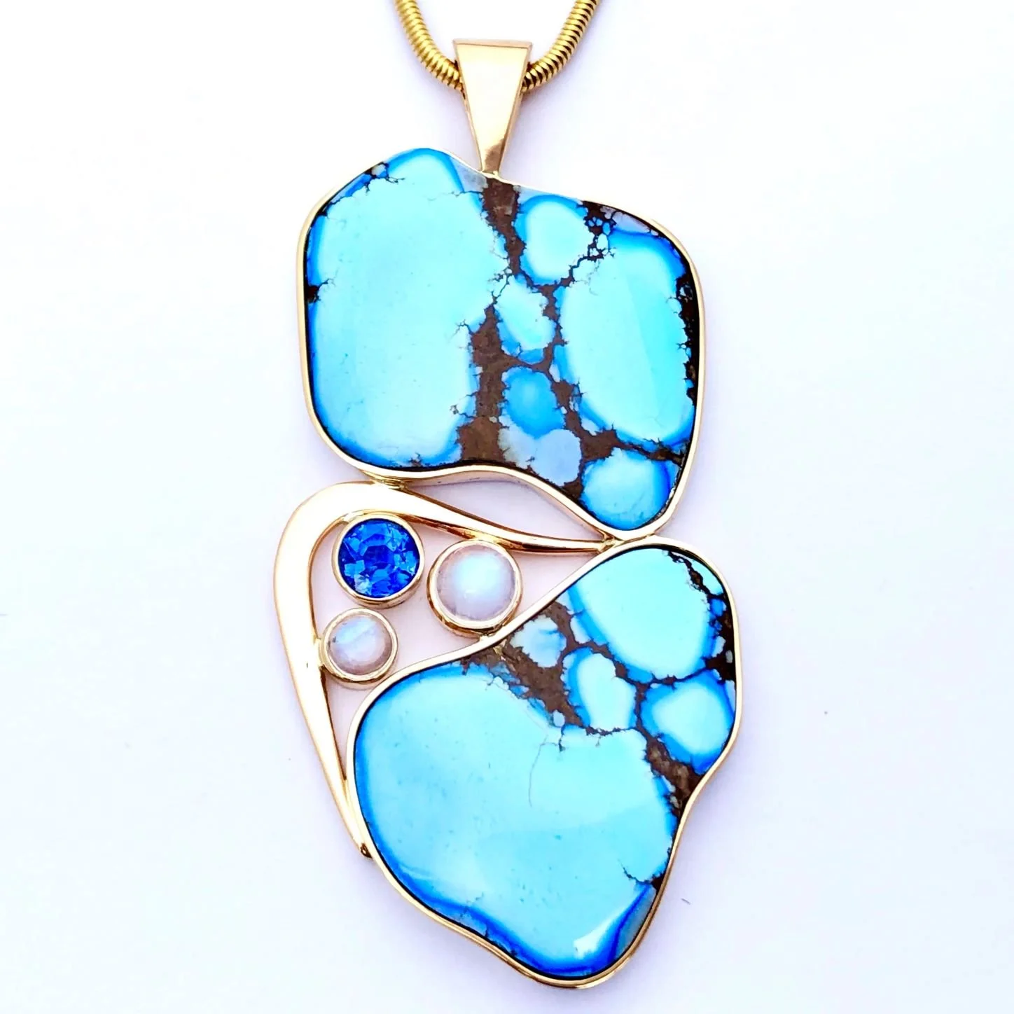 14y & .925 Kazakhstan Turquoise, Kyanite and Moonstone Pendant