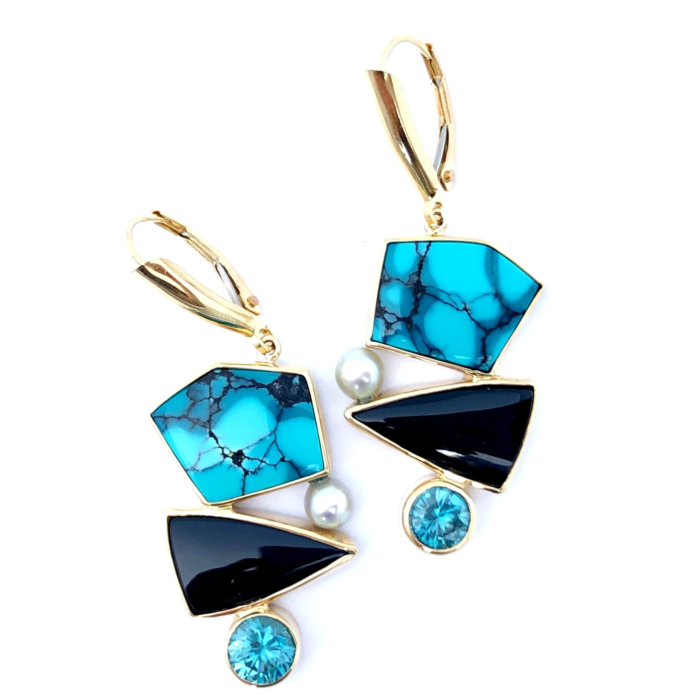 14ky Chinese Turquoise, Onyx, Blue Zircon and Pearl Earrings