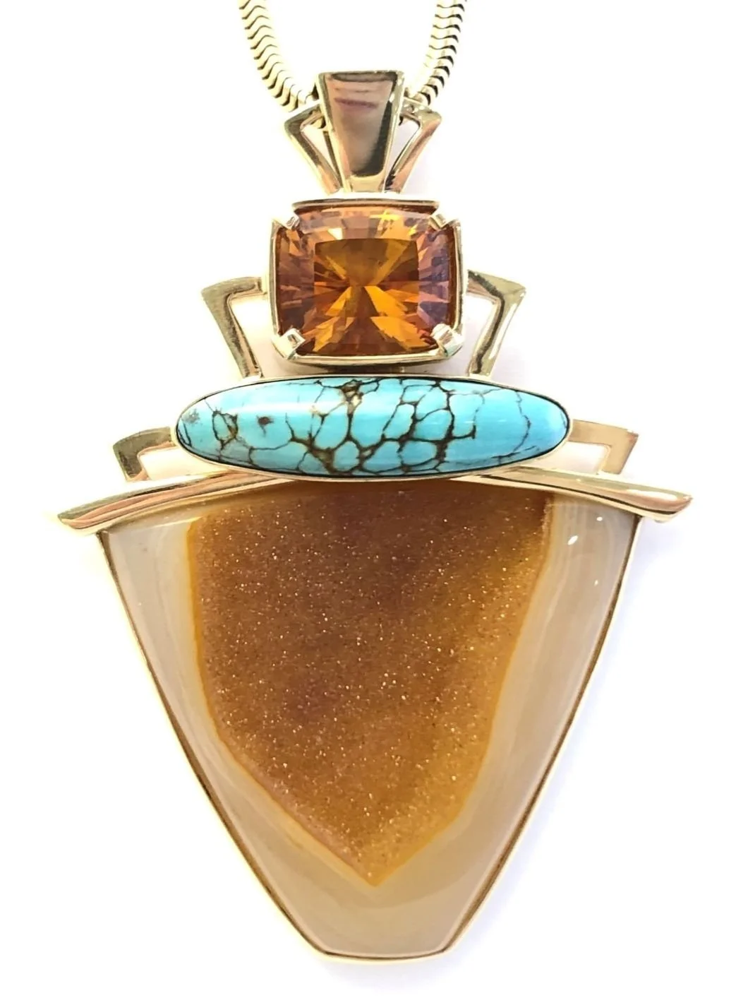 14ky Citrine, Quartz Drusy and Chinese Turquoise Pendant