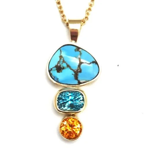 14k Kazakhstan Turquoise, Blue Zircon and Garnet Pendant