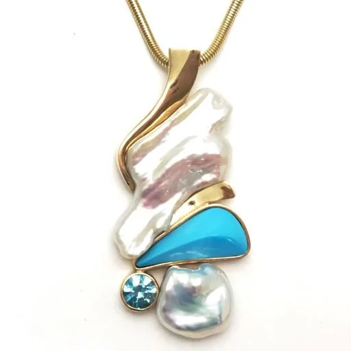 14k Freshwater Pearl, Sleeping Beauty Turquoise and Blue Zircon Pendant