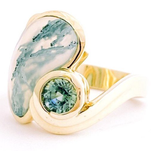 14k Moss Agate and Green Sapphire Ring