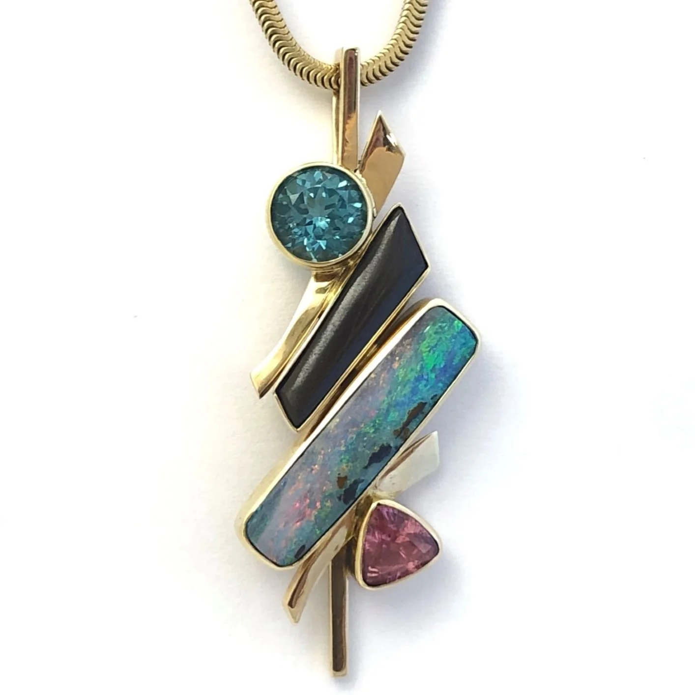 14k Australian Boulder Opal, Tourmaline and Gem Apatite Pendant