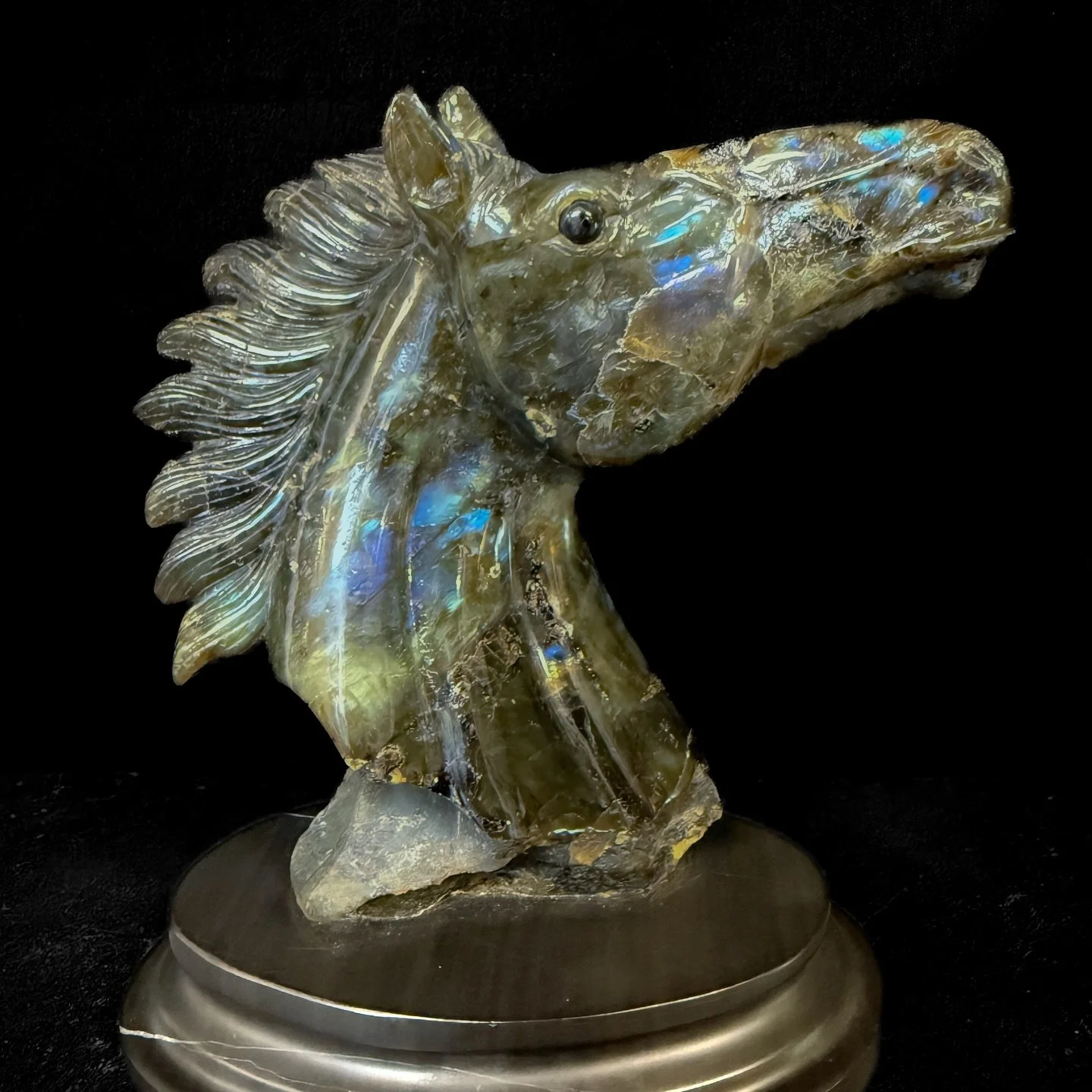 A beautifully hand carved labradorite horse sculpture, expertly done by a (since retired) Chinese section carver. Video in last frame&hellip; Single horse head shown, though we have a collection at The Jewel, and online, including a carved turtle, ca