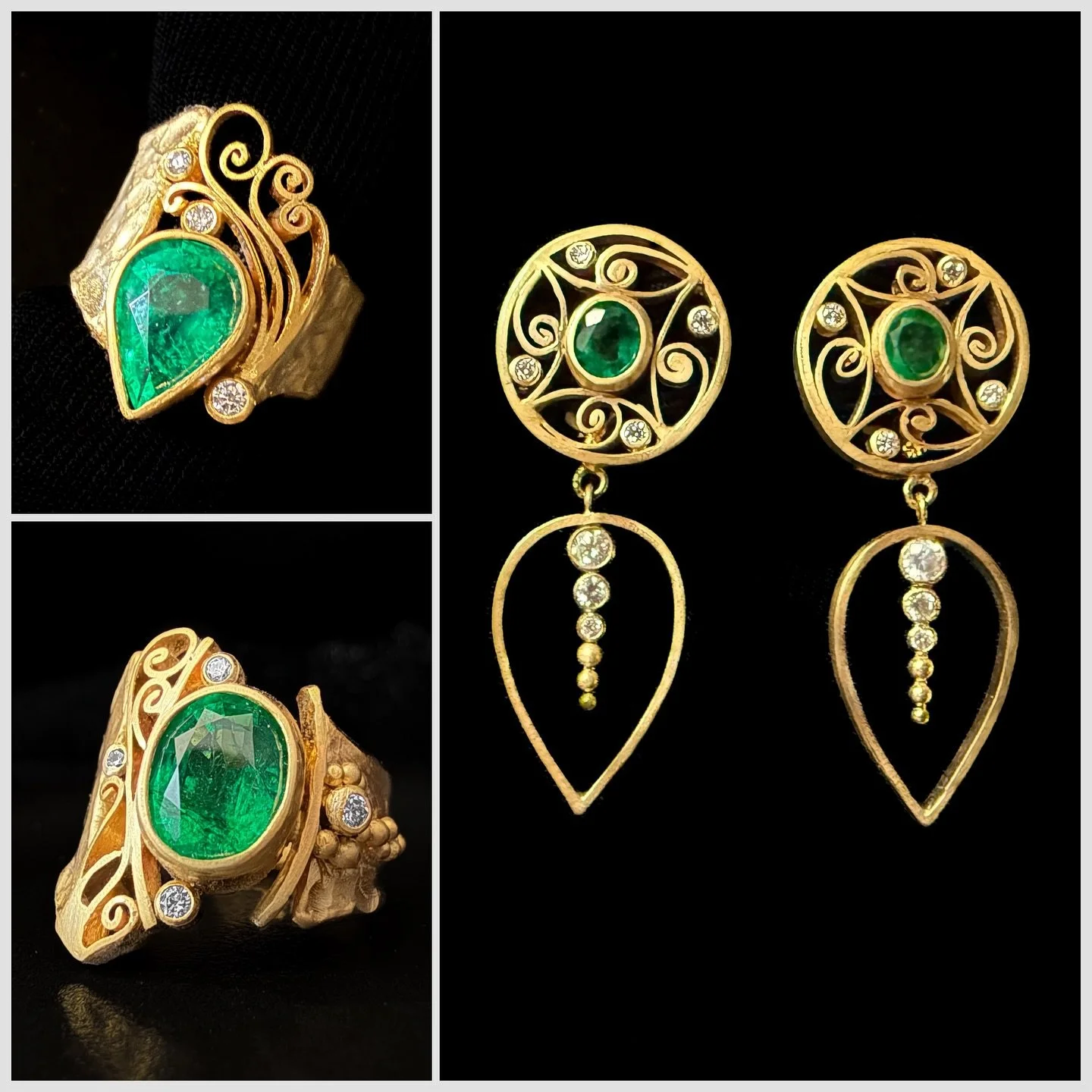Stunning new Rosario Garcia emerald collection just received and displayed in the gallery! Two beautifully crafted rings and a gorgeous pair of earrings, all handcrafted and showcasing her unique technique of metal quilling, an ancient art form more 