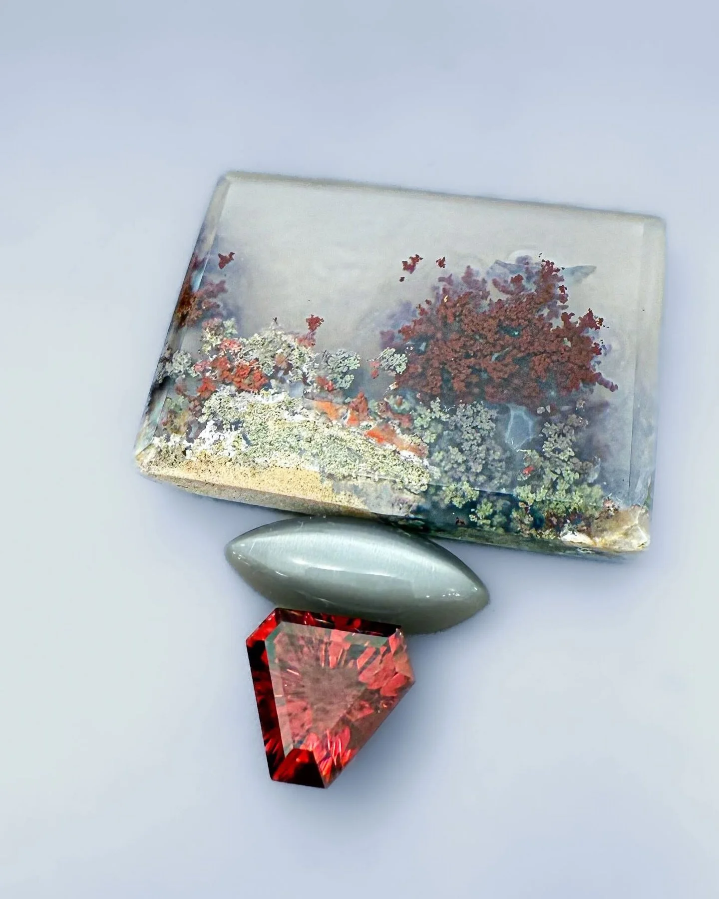 Indonesian moss agate with gray moonstone and garnet, a future project to whet the appetite for our January babies! More spectacular garnets to come in our January posts to honor the January birthstone and this very diverse mineral group. #garnet #ga
