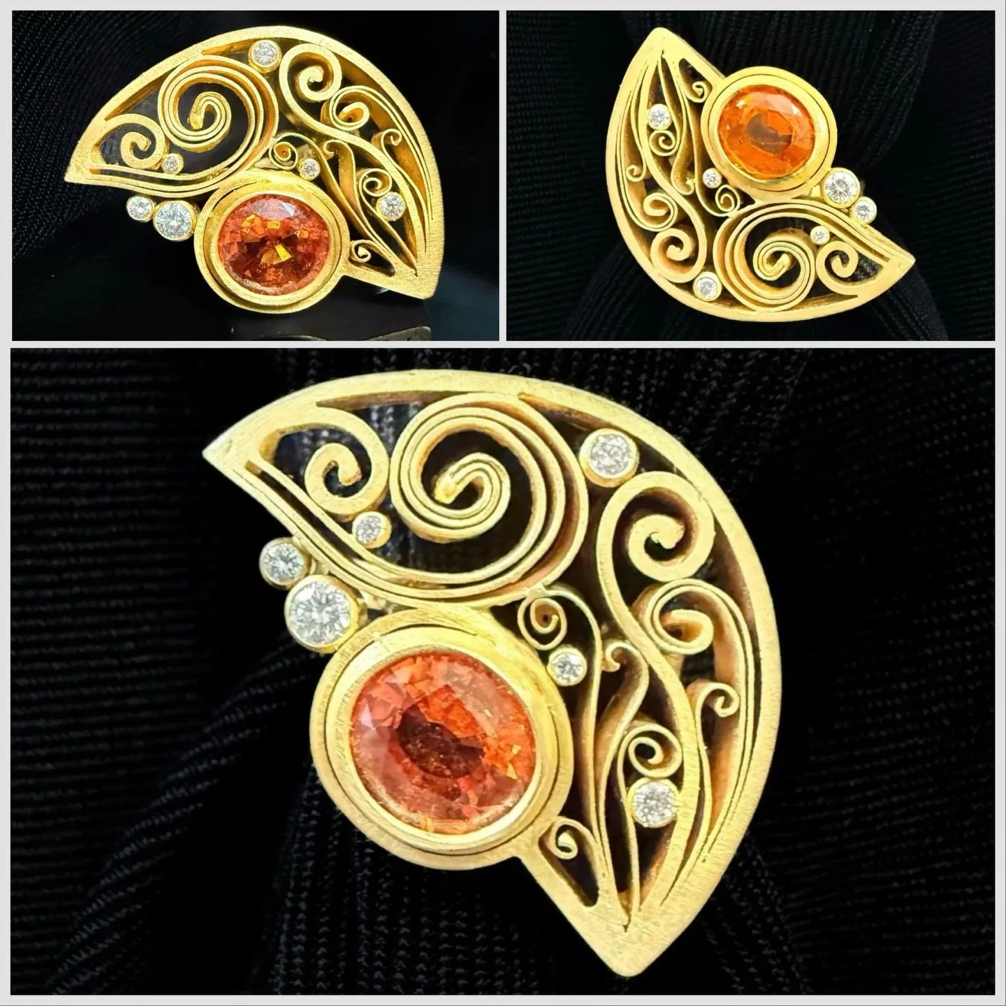 We can&rsquo;t get enough of Rosario Garcia! Her work is incredibly unique and very special, and we appreciate that we&rsquo;ve been fortunate enough to display and share in her collection. This quilled, Spessartine garnet and diamond ring is perfect