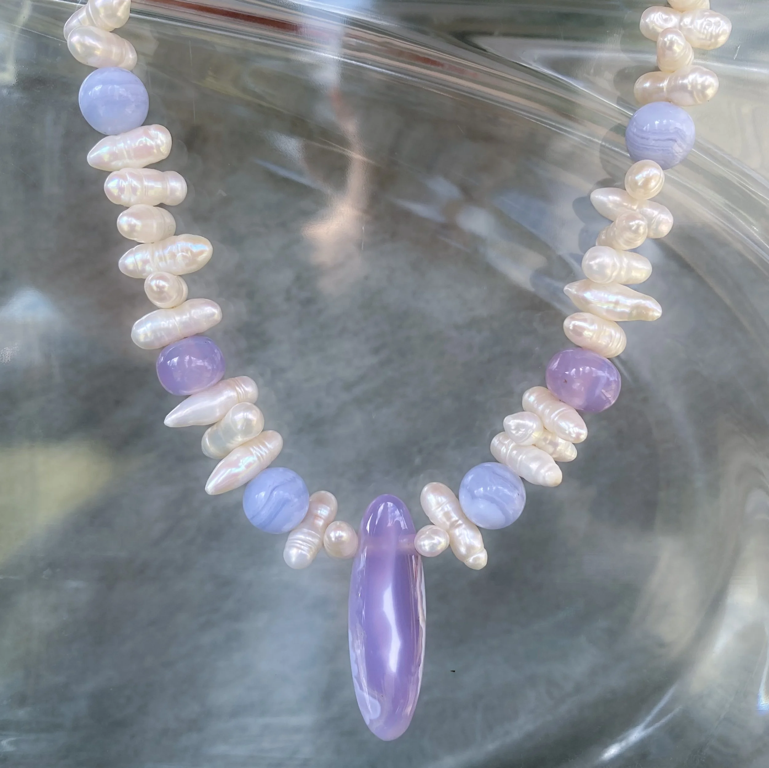 Jan Daggett Holley Blue Chalcedony, Pearl and Blue Lace Agate Necklace