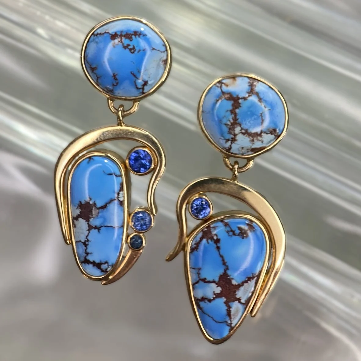 Jan Daggett 14k Kazakhstan Turquoise and Ceylon Sapphire Earrings