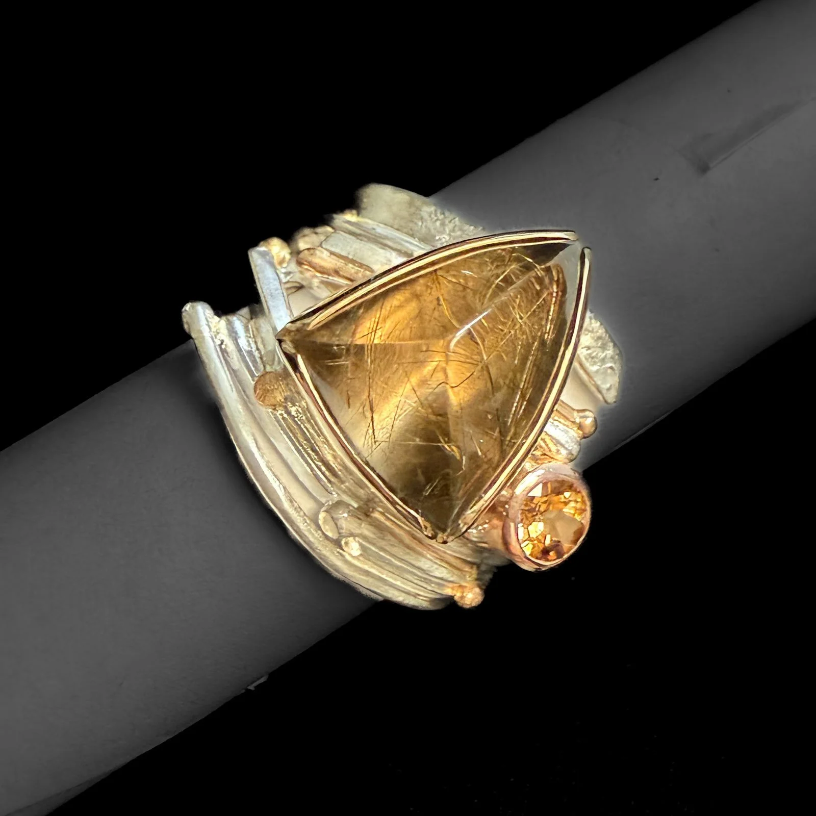14kt & Argentium Silver Smoky Rutilated Quartz & Hessonite Garnet Ring