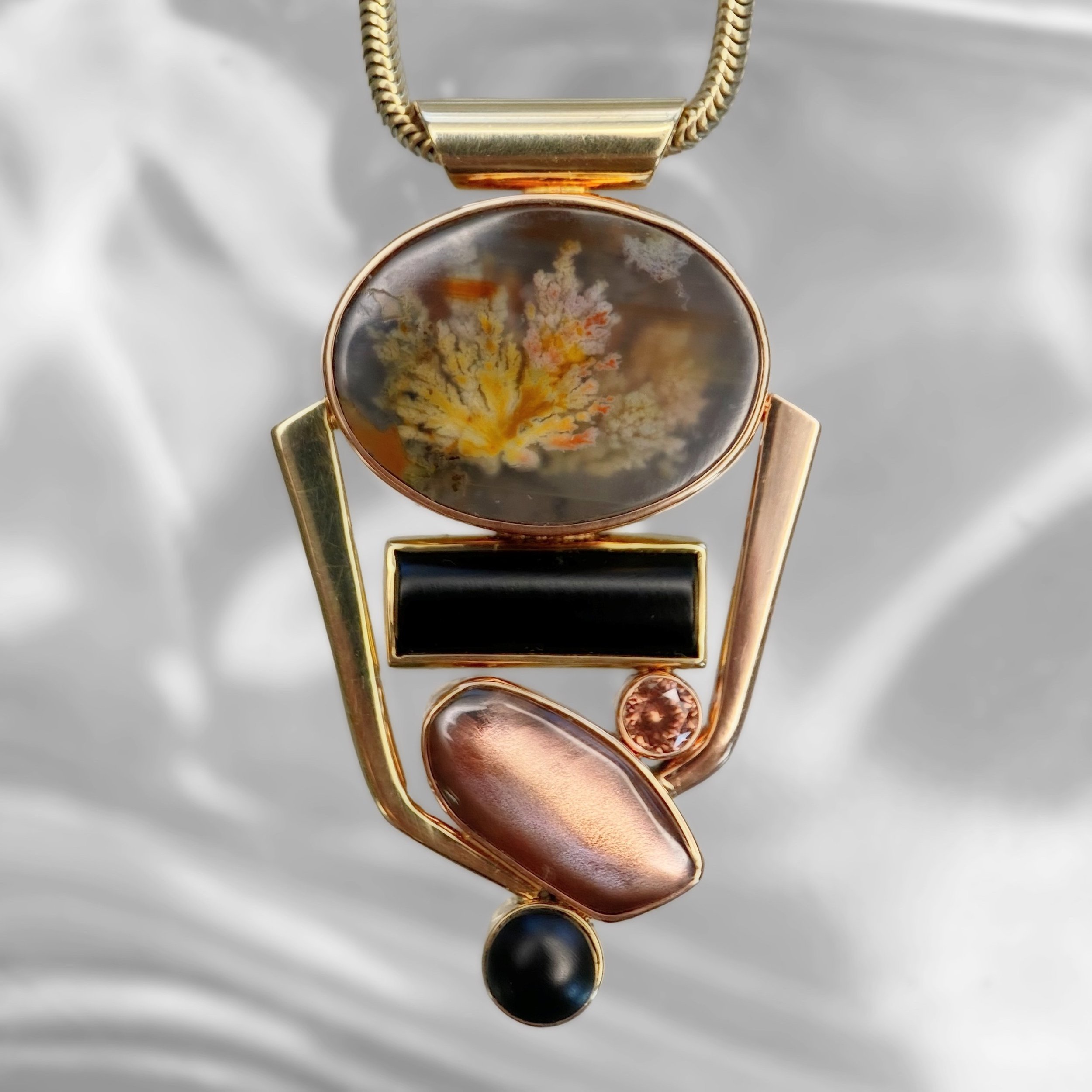 Jan Daggett 14ky | 14kr Priday Plume Agate, Onyx, Sunstone Pendant