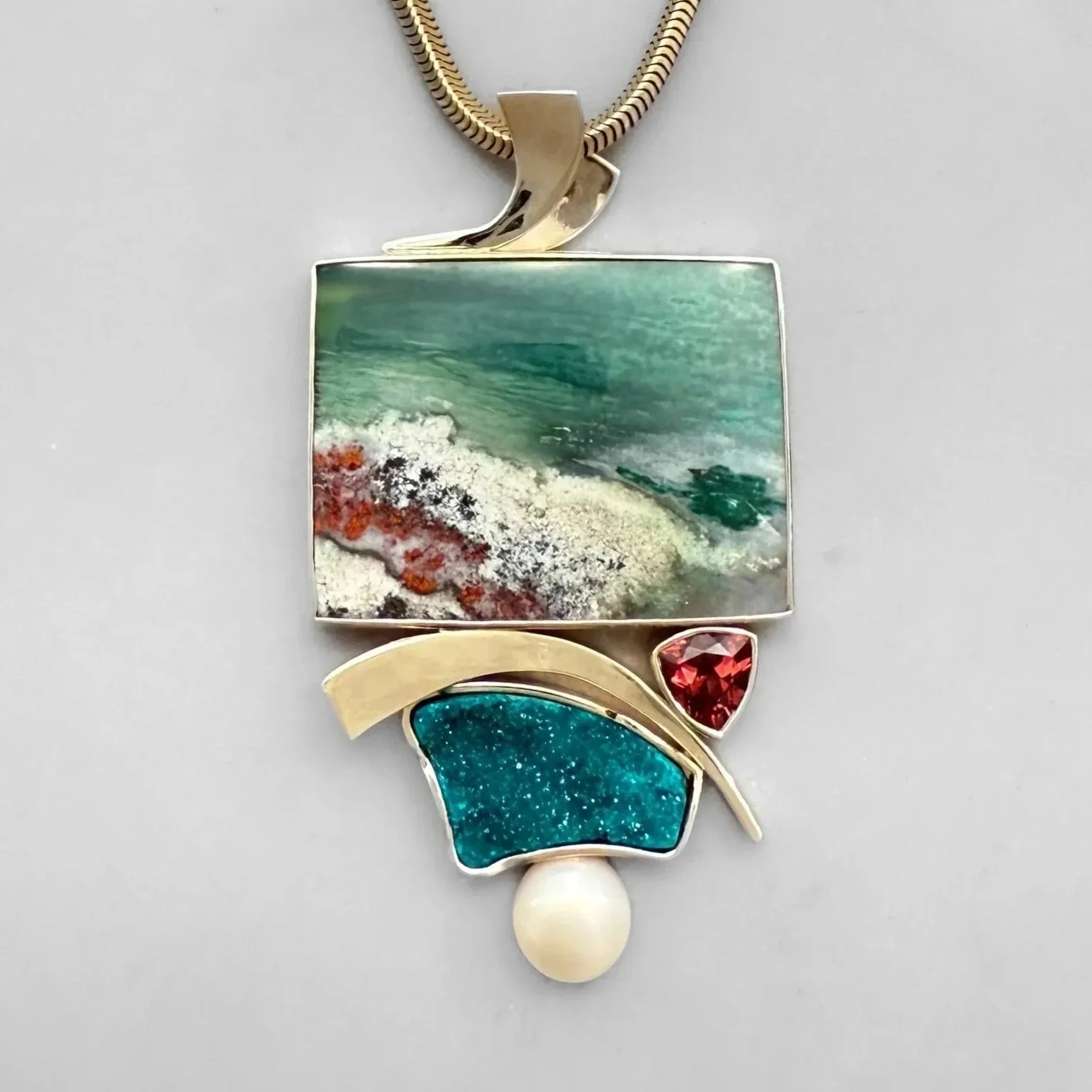 Jan Daggett 14kt Indonesian Opalized Scenic Wood, Dioptase drusy, Rhodolite Garnet & FW Pearl Pendant