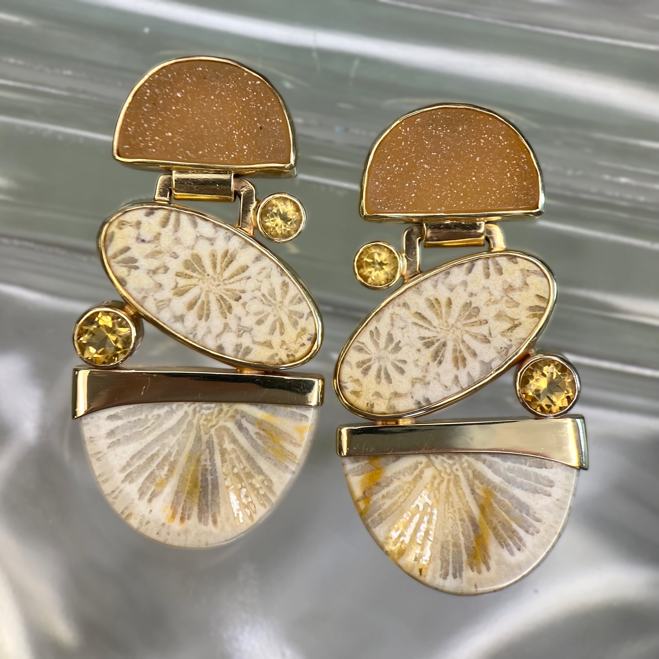 Jan Daggett 14k Fossil Coral, Quartz Drusy, and Citrine Earrings